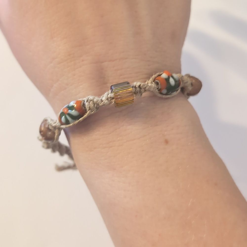 778 Hemp Multicolor Green and Orange Glass Beaded Cuff Bracelet